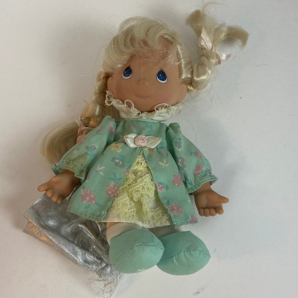 Vintage Precious Moments Doll Blonde Pigtails Floral Mint Green Dress Lace Trim